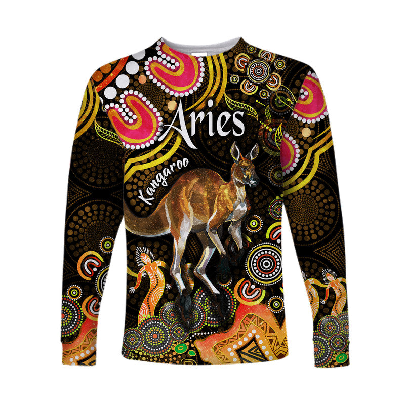 australian-astrology-long-sleeve-shirt-aries-kangaroo-zodiac-aboriginal-vibes-gold