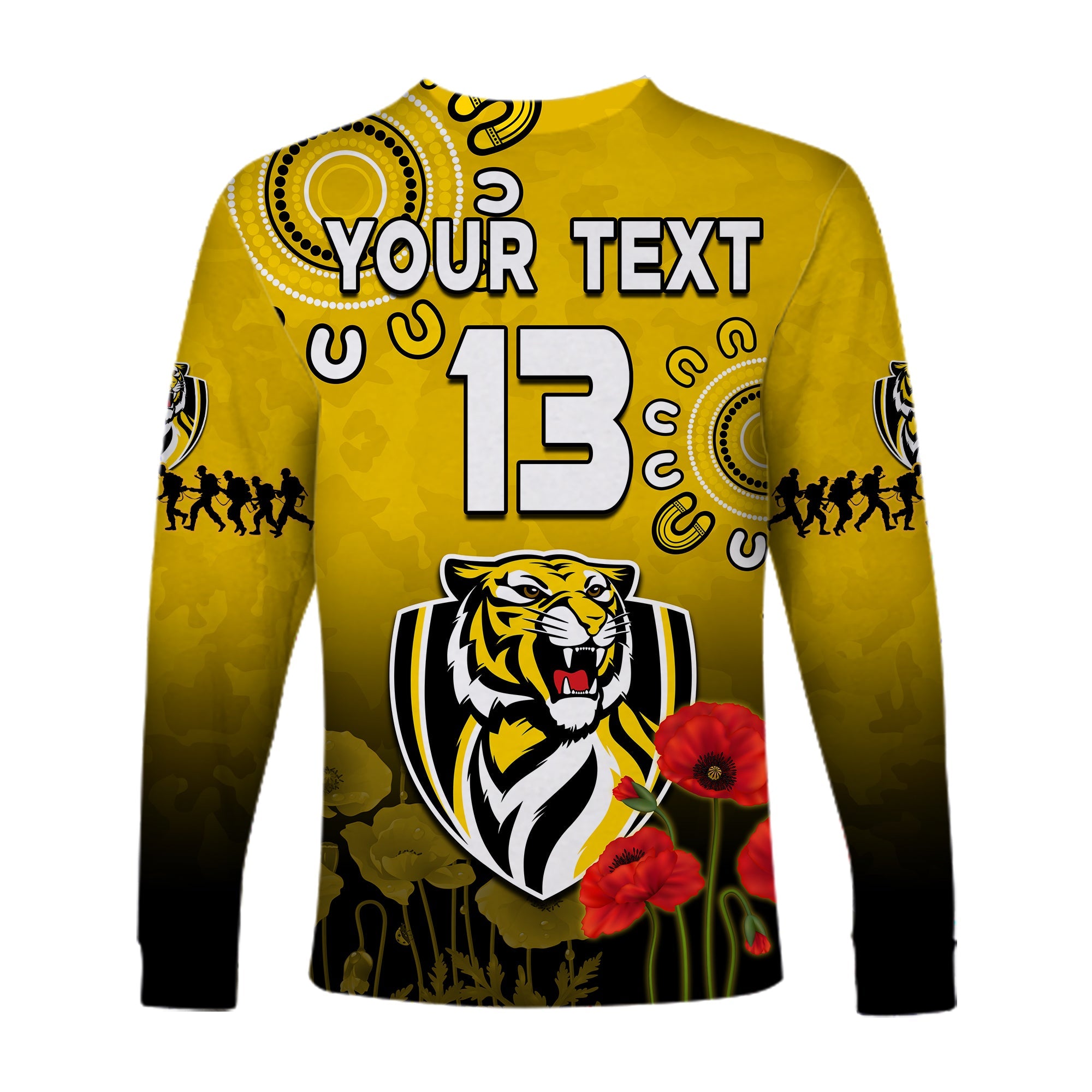 custom-text-and-number-richmond-anzac-2022-long-sleeve-shirt-tigers-aboriginal-poppy