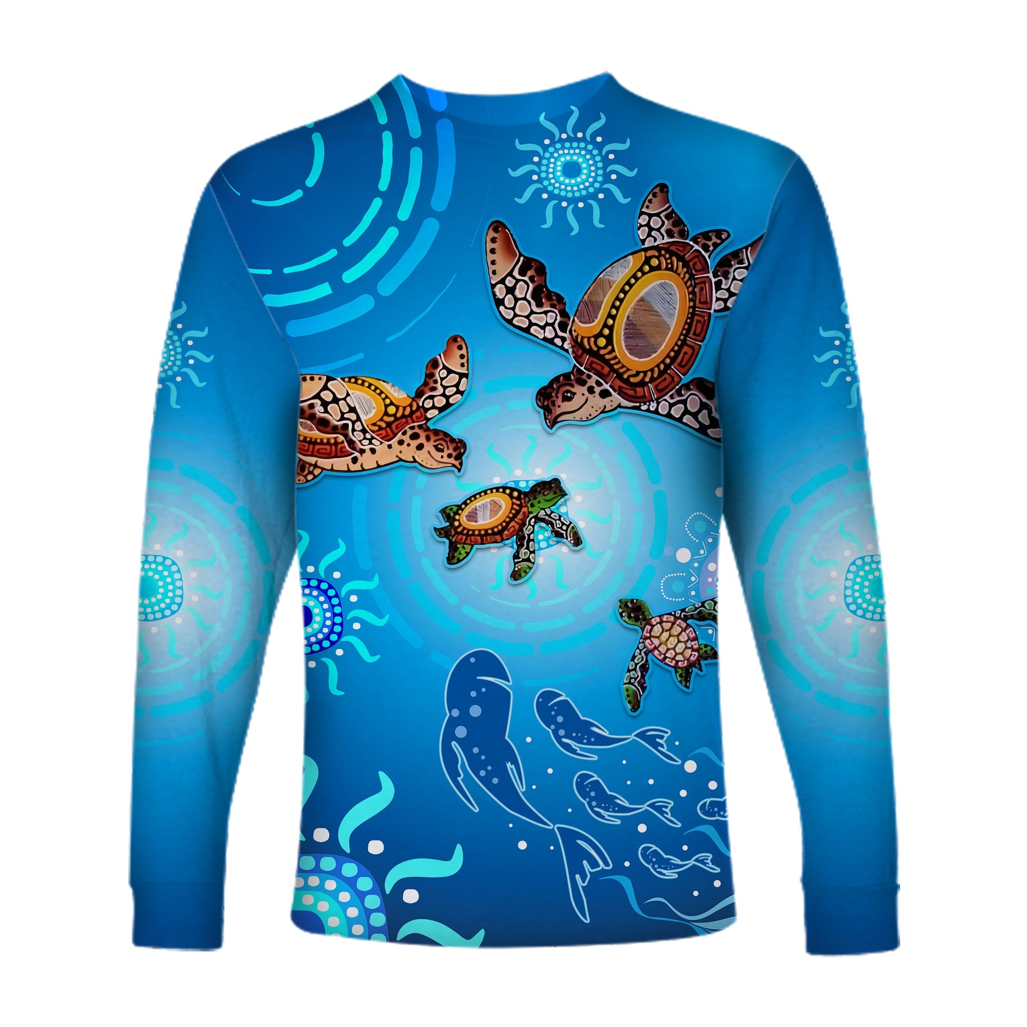 Australian Aboriginal Long Sleeve Shirt Happy Turtle Family Version Blue LT13