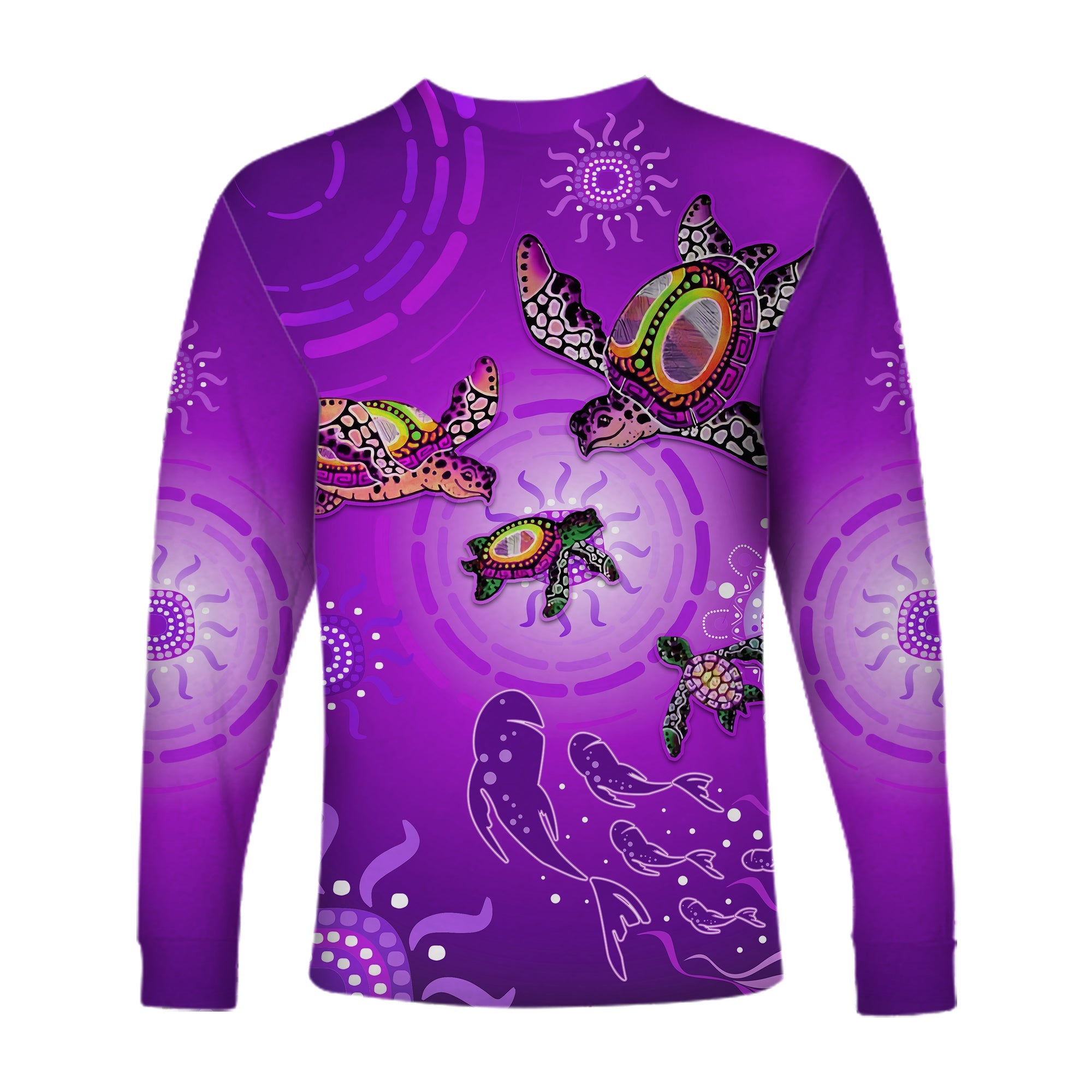 Australian Aboriginal Long Sleeve Shirt Happy Turtle Family Version Purple LT13