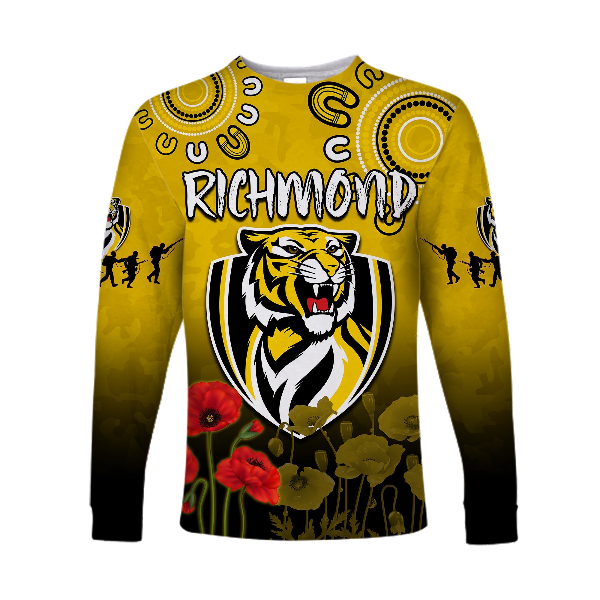 custom-text-and-number-richmond-anzac-2022-long-sleeve-shirt-tigers-aboriginal-poppy