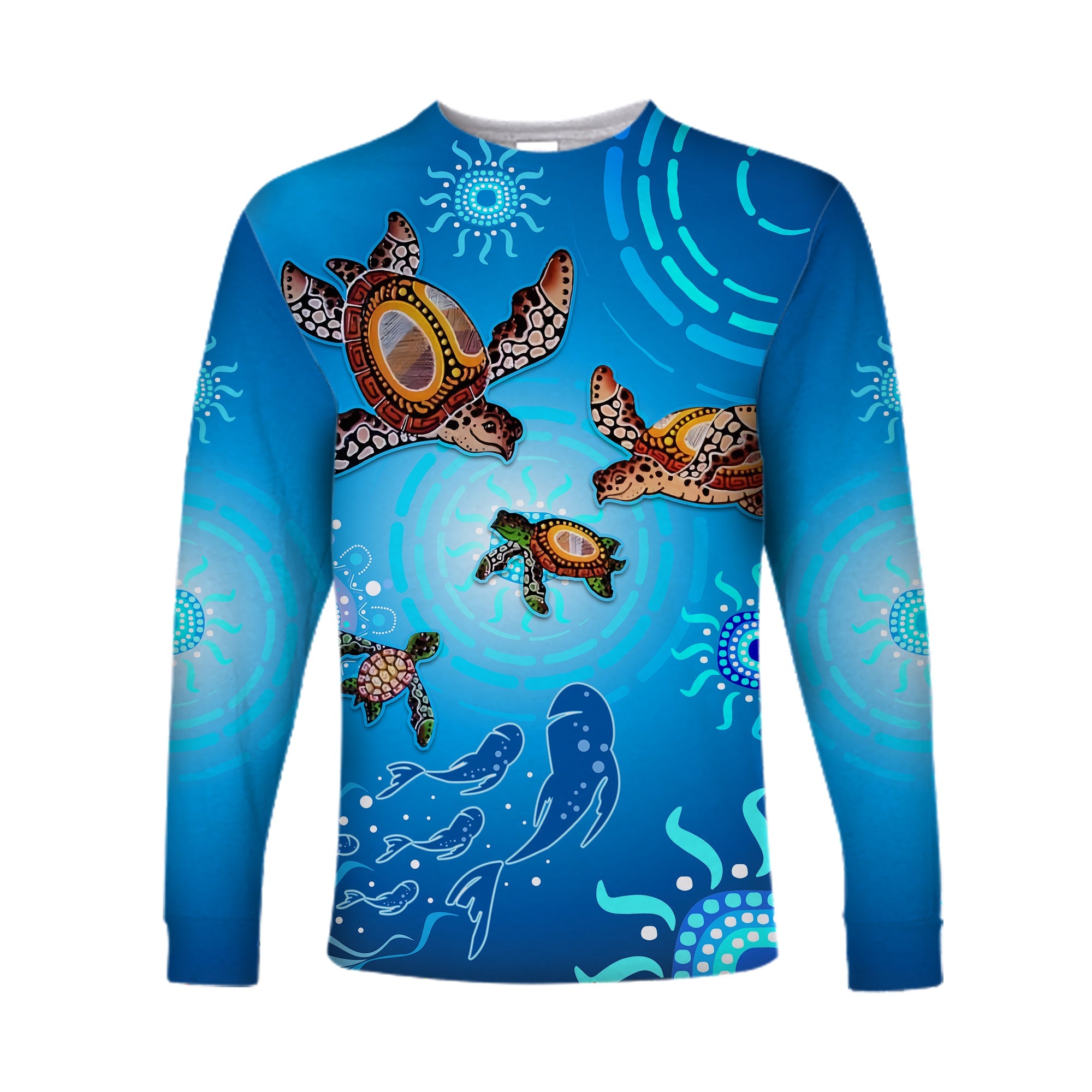 (Custom Personalised) Australian Aboriginal Long Sleeve Shirt Happy Turtle Family Version Blue LT13