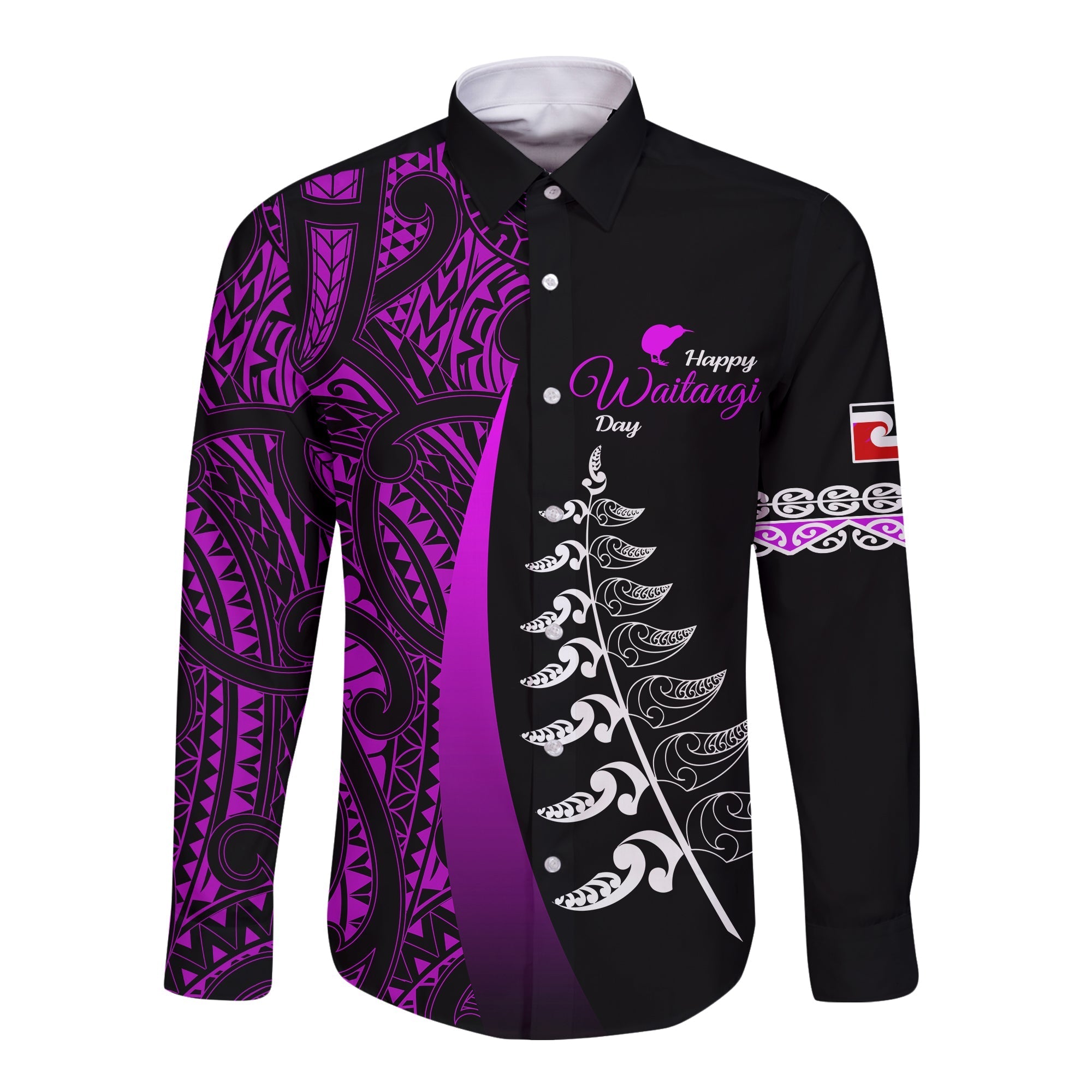 waitangi-day-long-sleeve-button-shirt-maori-mix-fern-style-purple