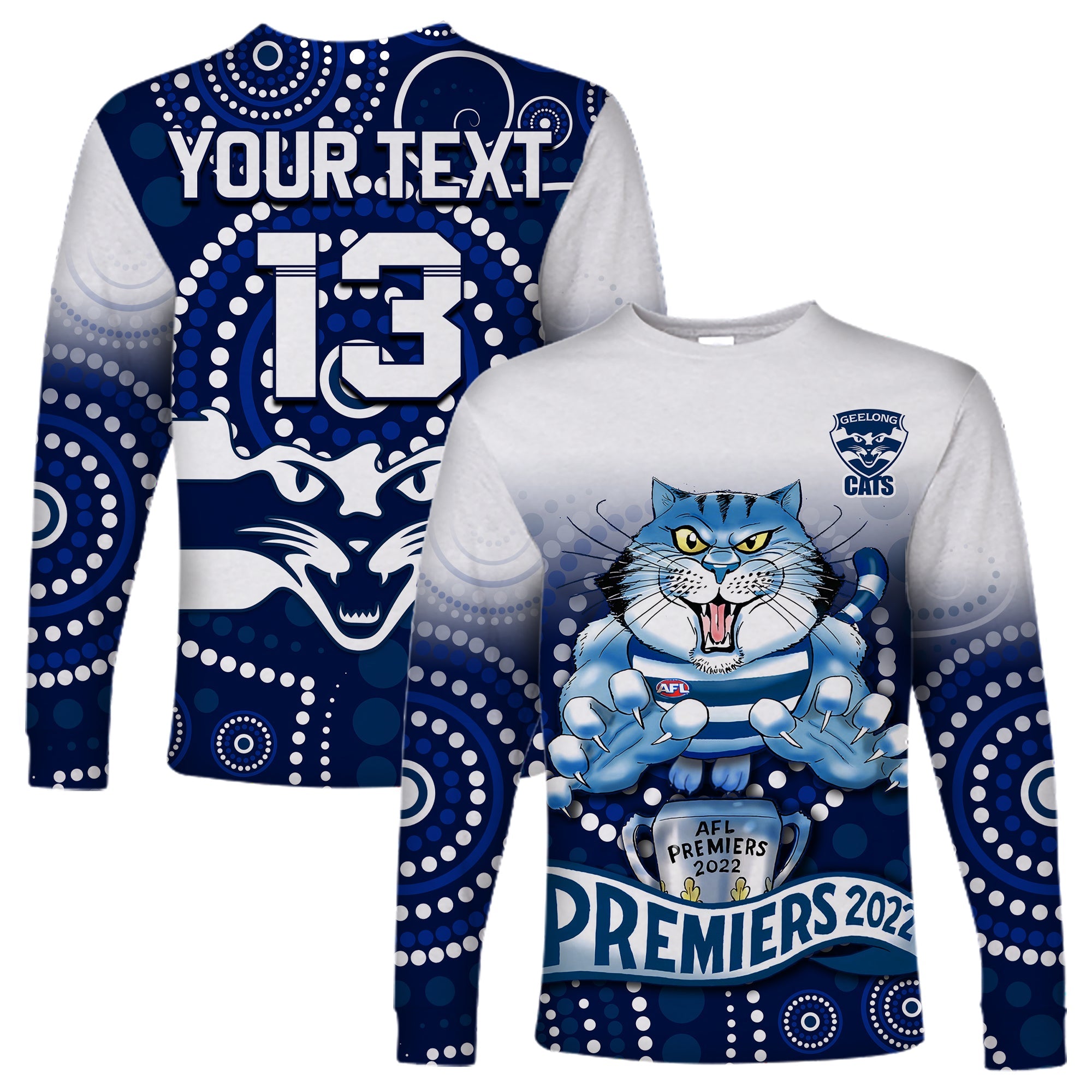 custom-text-and-number-cats-football-long-sleeve-shirt-aboriginal-australian-premiers-2022-proud-geelong-cartoon