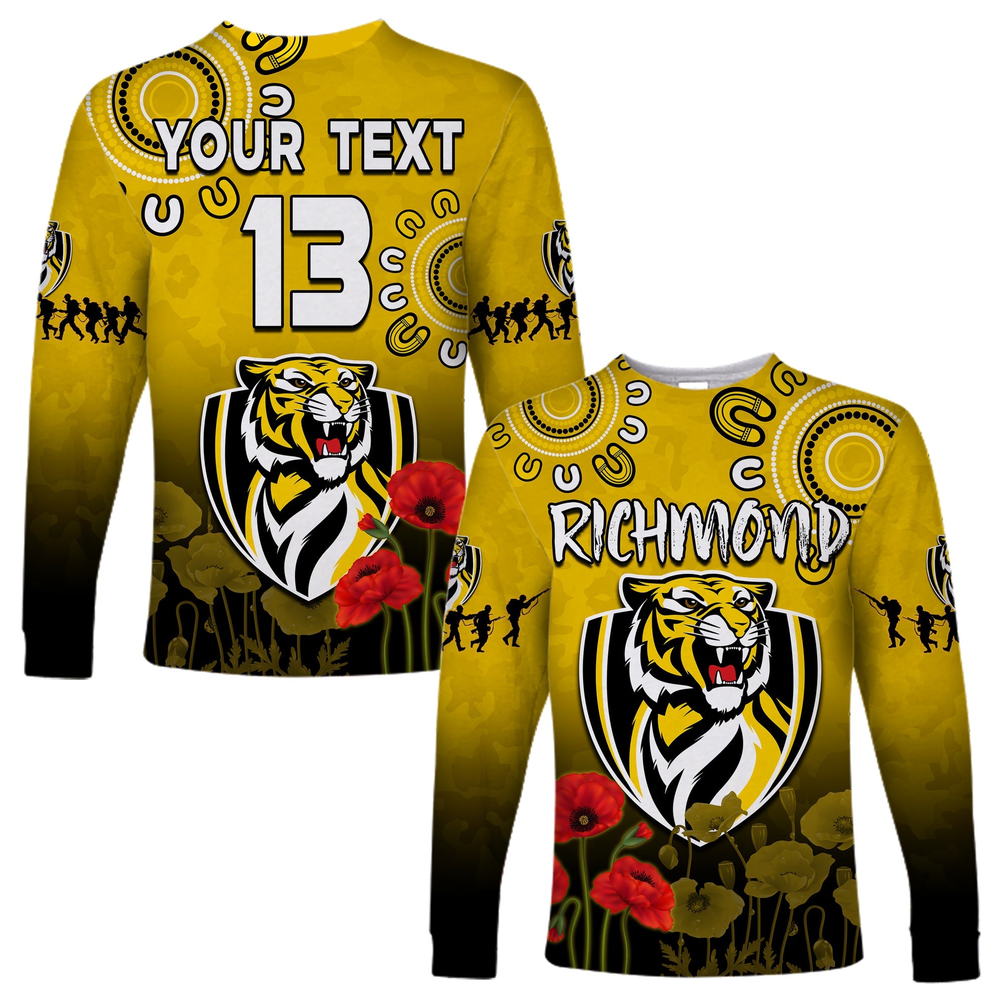 custom-text-and-number-richmond-anzac-2022-long-sleeve-shirt-tigers-aboriginal-poppy