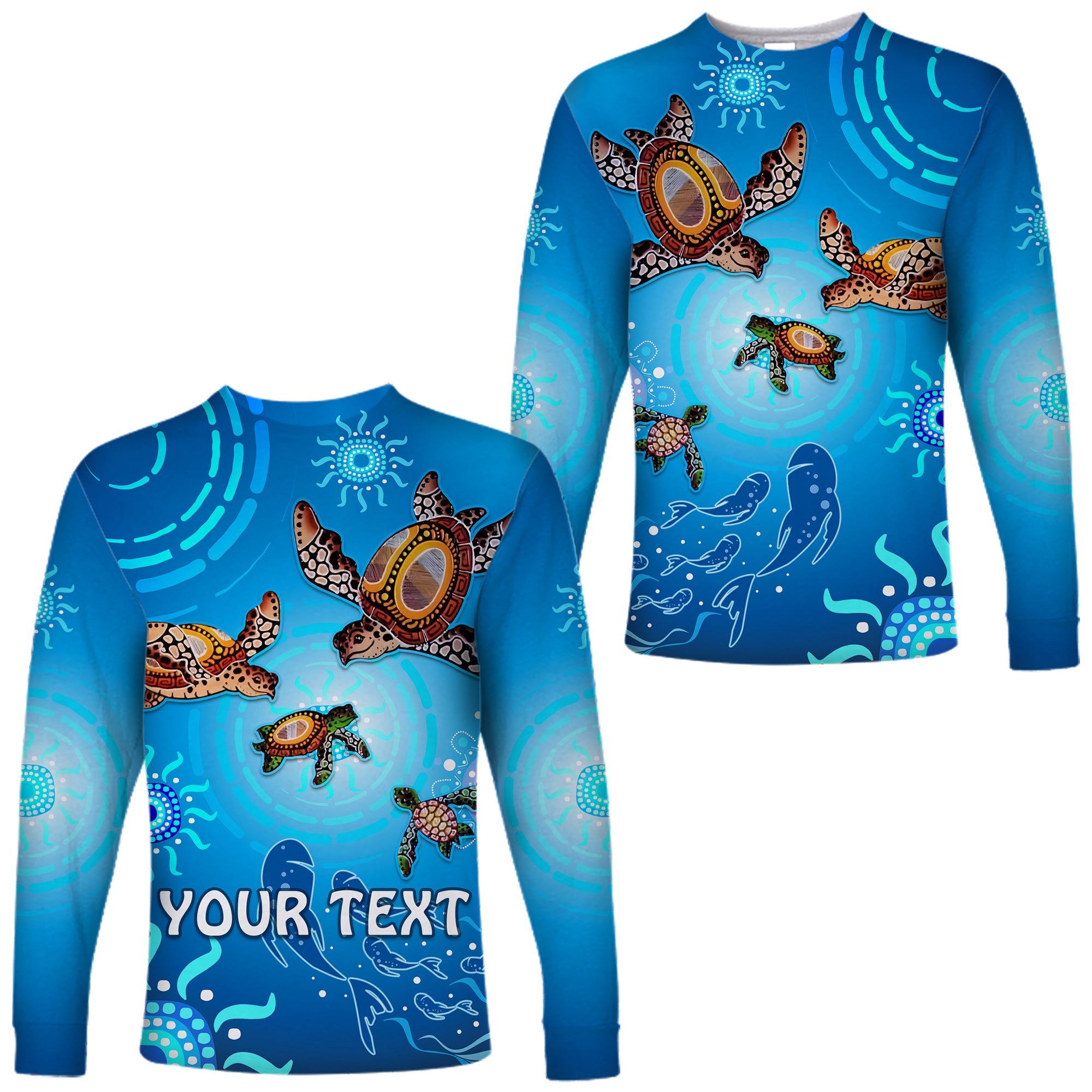 (Custom Personalised) Australian Aboriginal Long Sleeve Shirt Happy Turtle Family Version Blue LT13