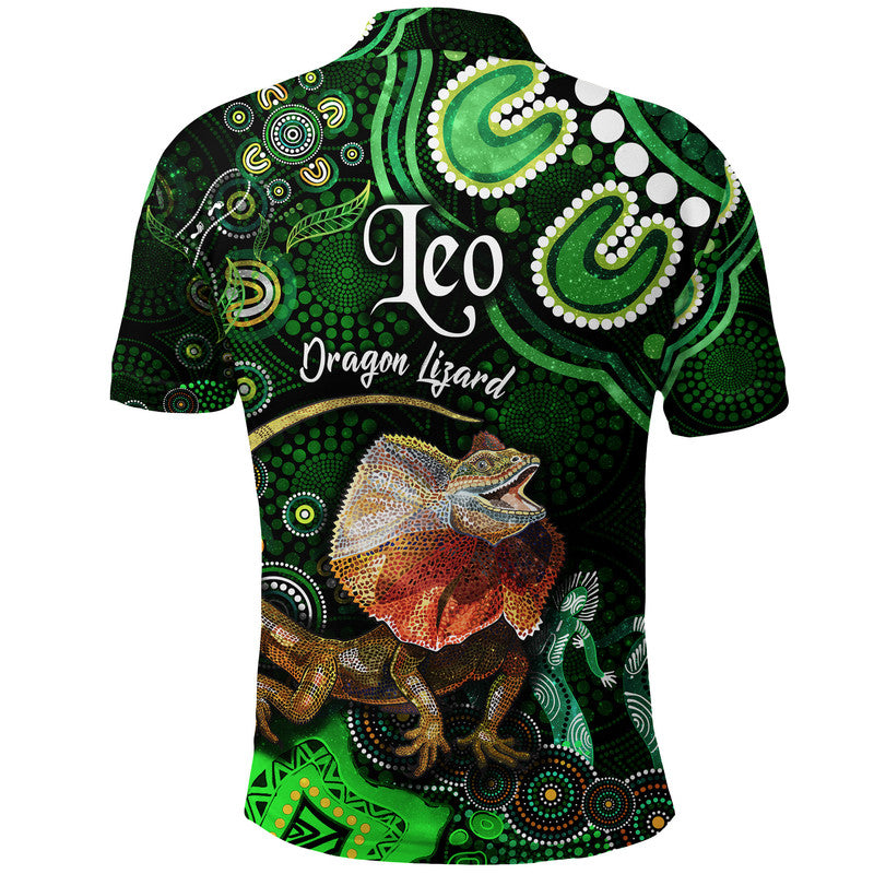 australian-astrology-polo-shirt-leo-dragon-lizard-zodiac-aboriginal-vibes-green