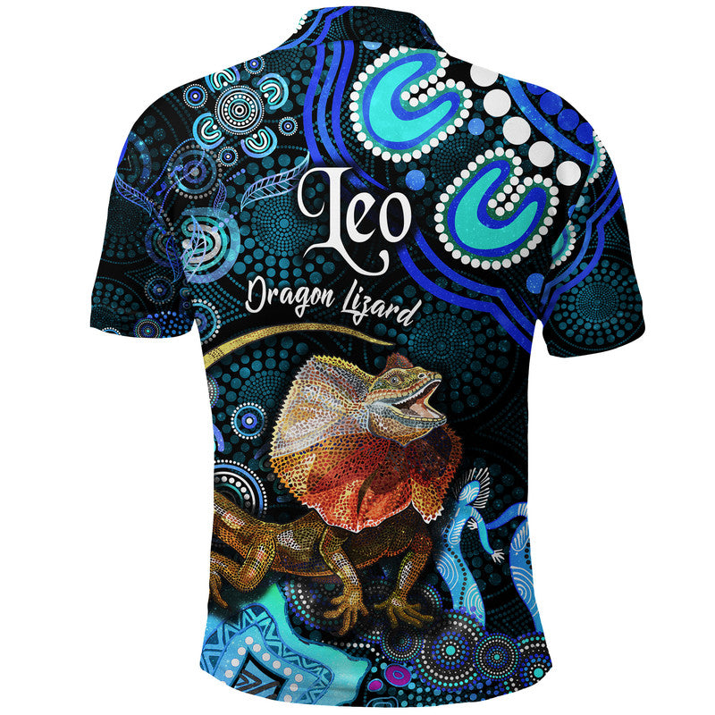 australian-astrology-polo-shirt-leo-dragon-lizard-zodiac-aboriginal-vibes-blue