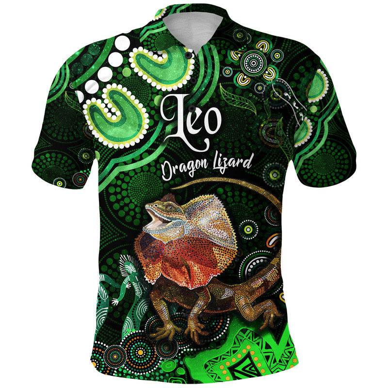 australian-astrology-polo-shirt-leo-dragon-lizard-zodiac-aboriginal-vibes-green