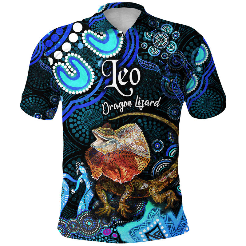 australian-astrology-polo-shirt-leo-dragon-lizard-zodiac-aboriginal-vibes-blue