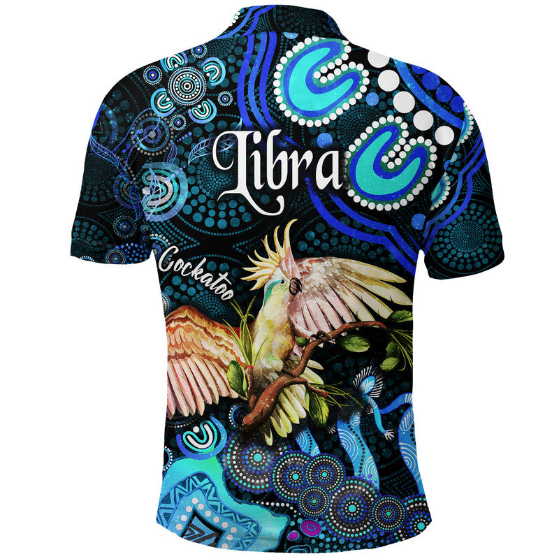 australian-astrology-polo-shirt-libra-cockatoo-glider-zodiac-aboriginal-vibes-blue