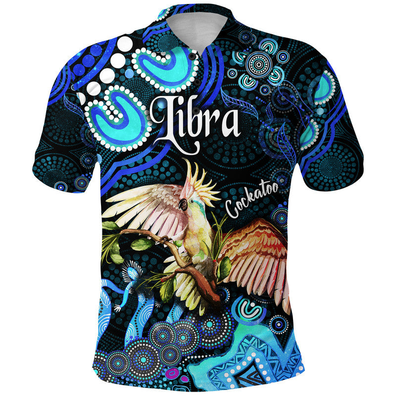 australian-astrology-polo-shirt-libra-cockatoo-glider-zodiac-aboriginal-vibes-blue