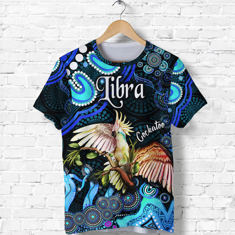 custom-personalised-australian-astrology-t-shirt-libra-cockatoo-glider-zodiac-aboriginal-vibes-blue