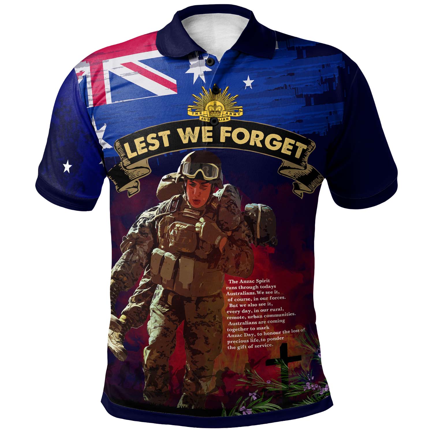 australia-anzac-day-polo-shirt-custom-lest-we-forget-rosemary-soldier-anzac-spirit-polo-shirt