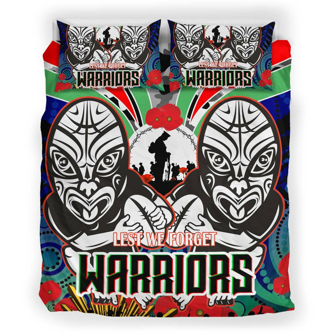 warrior-rugby-anzac-aboriginal-bedding-set-custom-new-zealand-warriors-anzac-day-with-maori-mask-bedding-set