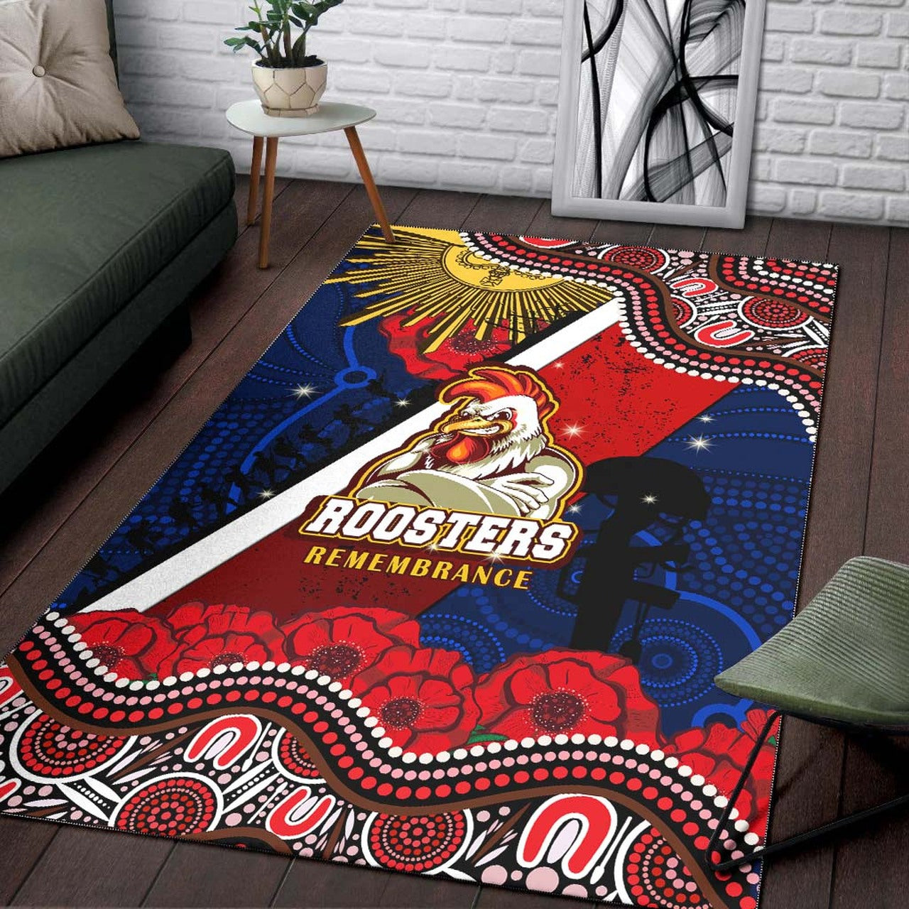 roosters-rugby-anzac-aboriginal-area-rug-sydney-roosters-with-remembrance-day-poppy-flower-area-rug