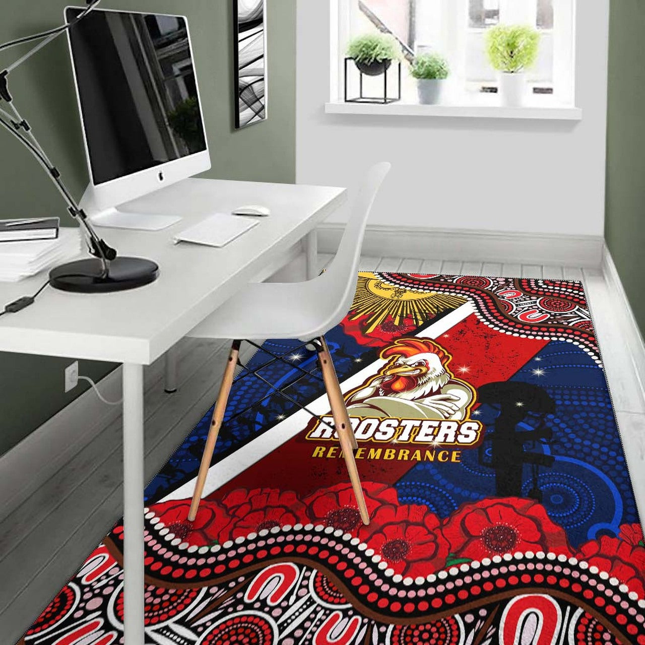 roosters-rugby-anzac-aboriginal-area-rug-sydney-roosters-with-remembrance-day-poppy-flower-area-rug