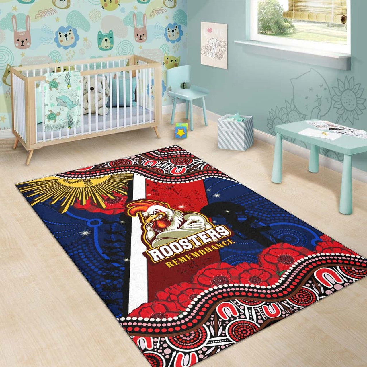 roosters-rugby-anzac-aboriginal-area-rug-sydney-roosters-with-remembrance-day-poppy-flower-area-rug