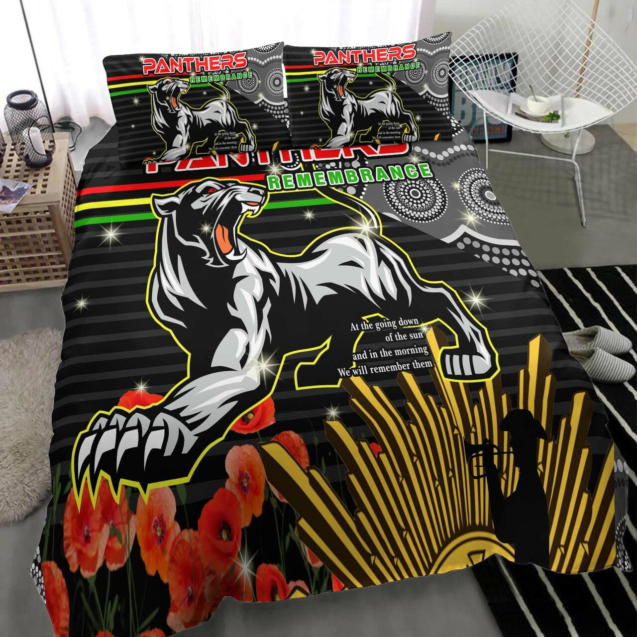 panthers-rugby-anzac-aboriginal-bedding-set-penrith-panthers-with-poppy-flower-art-bedding-set