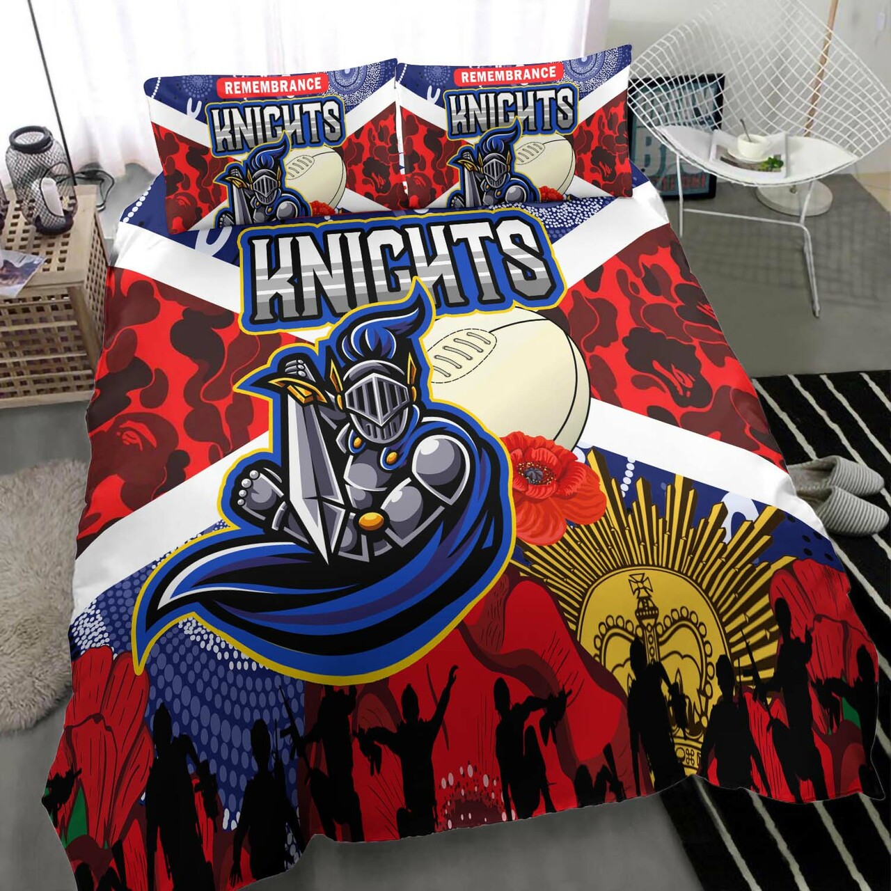 knights-rugby-anzac-aboriginal-bedding-set-newcastle-knights-with-anzac-day-poppy-flower-bedding-set