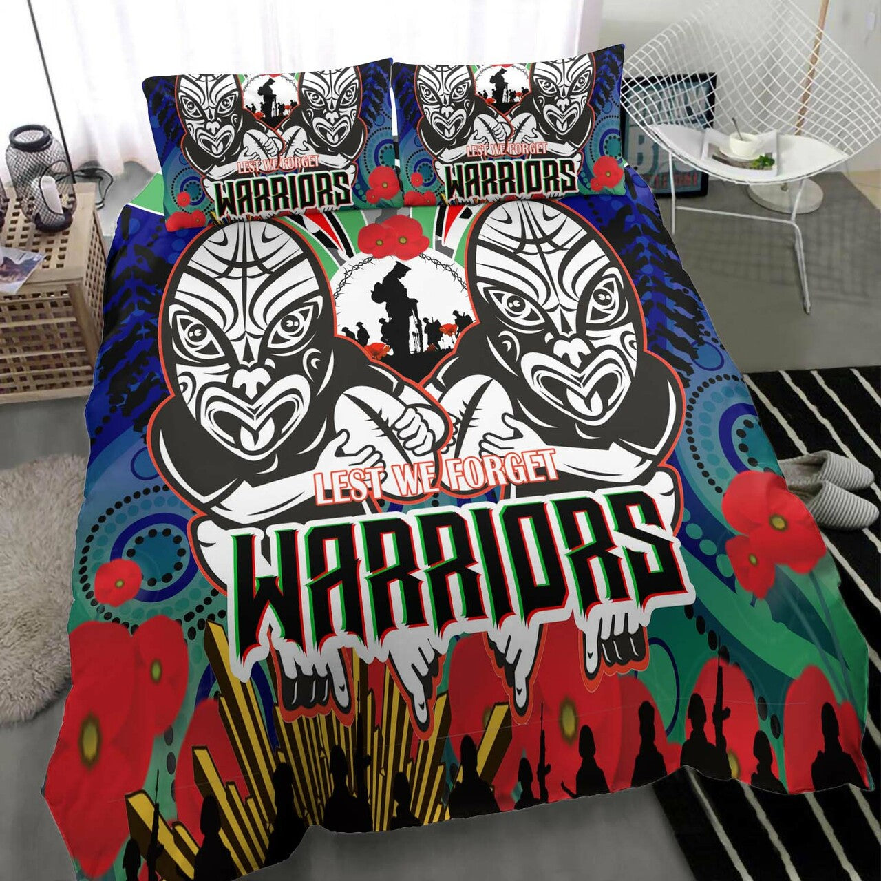 warrior-rugby-anzac-aboriginal-bedding-set-custom-new-zealand-warriors-anzac-day-with-maori-mask-bedding-set