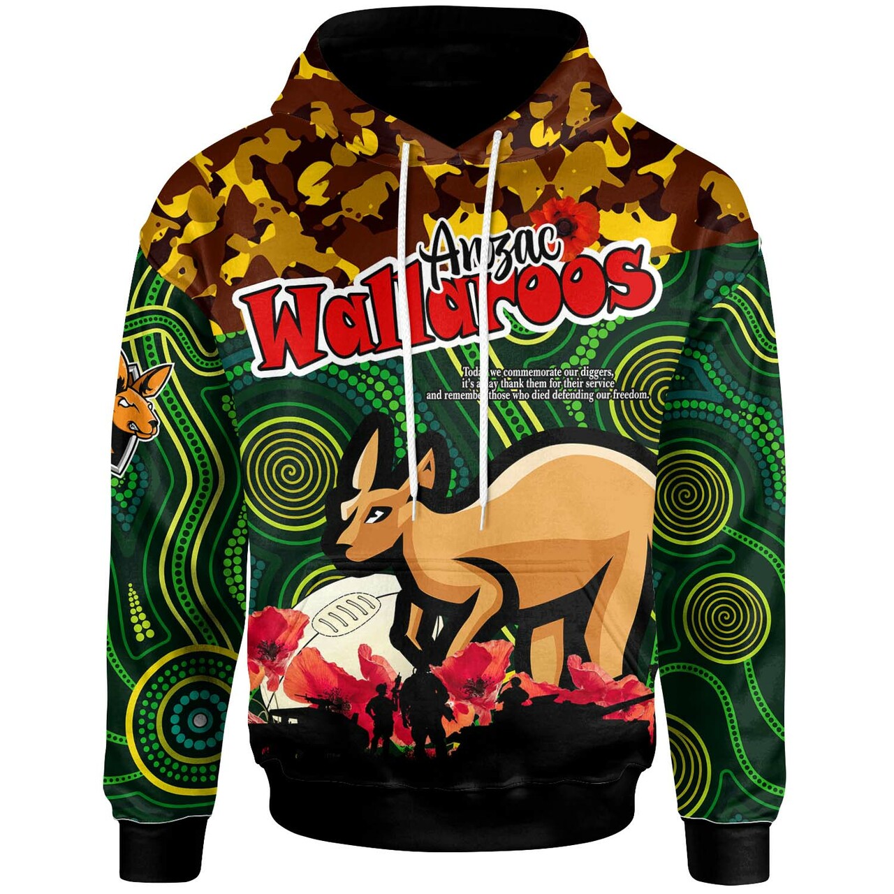 Wallaroos Rugby Hoodie - Anzac Day Wallaroos with Aboriginal Pattern Hoodie LT10