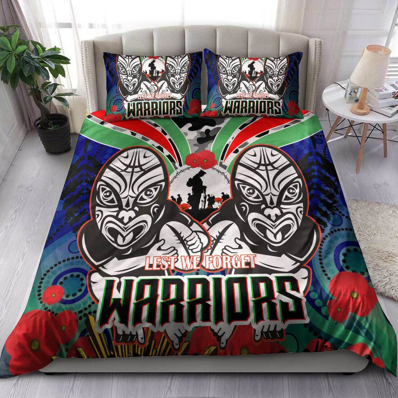 warrior-rugby-anzac-aboriginal-bedding-set-custom-new-zealand-warriors-anzac-day-with-maori-mask-bedding-set