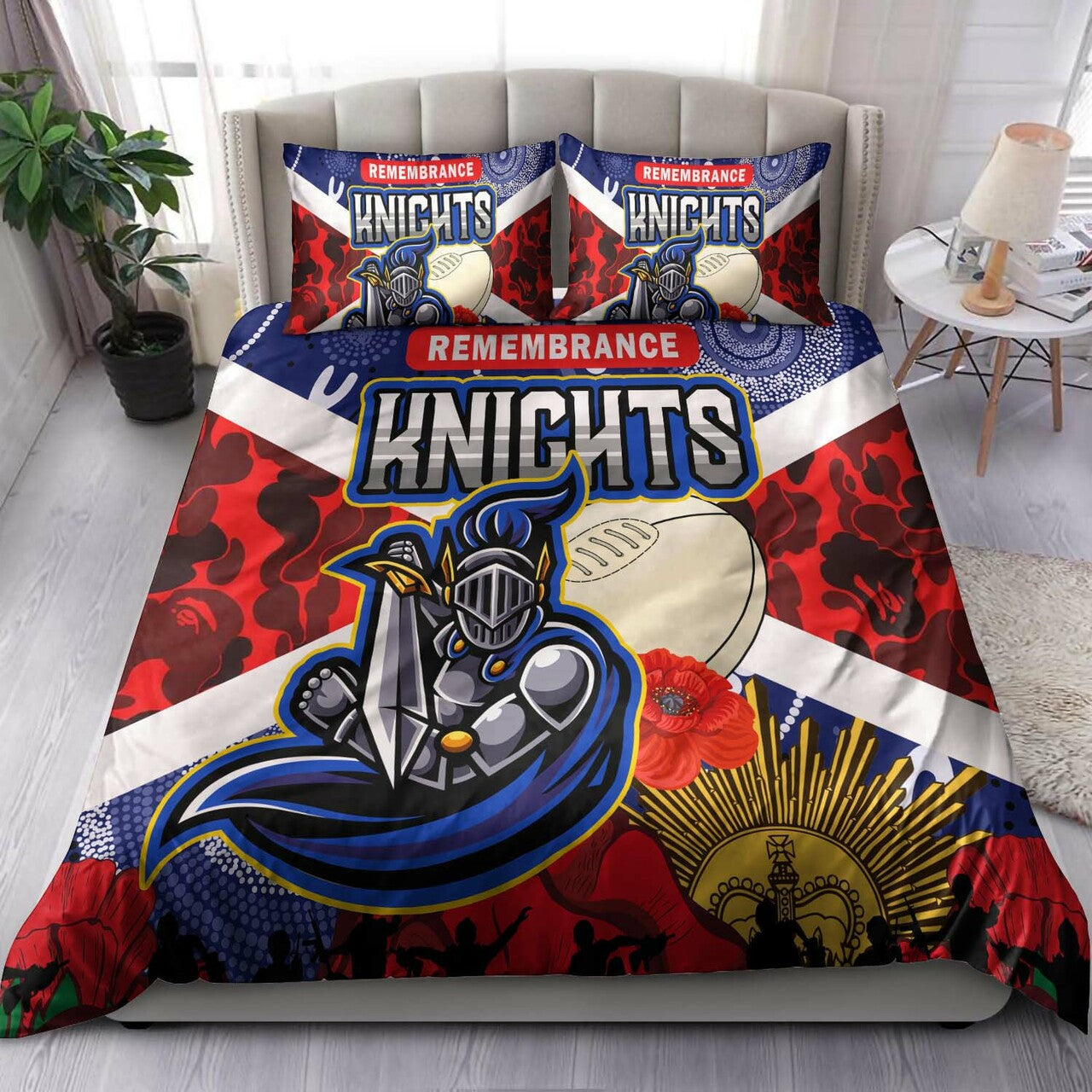 knights-rugby-anzac-aboriginal-bedding-set-newcastle-knights-with-anzac-day-poppy-flower-bedding-set