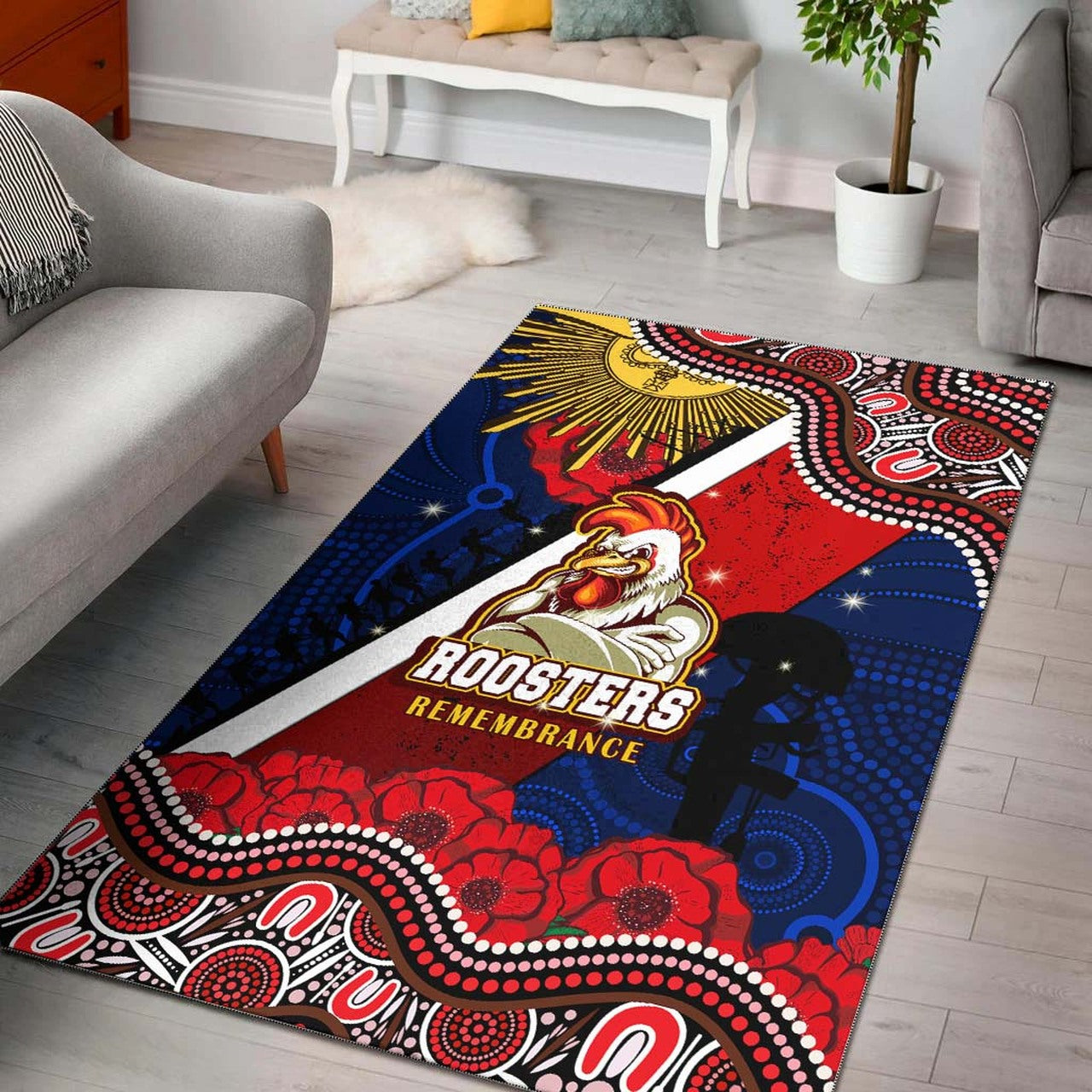 roosters-rugby-anzac-aboriginal-area-rug-sydney-roosters-with-remembrance-day-poppy-flower-area-rug