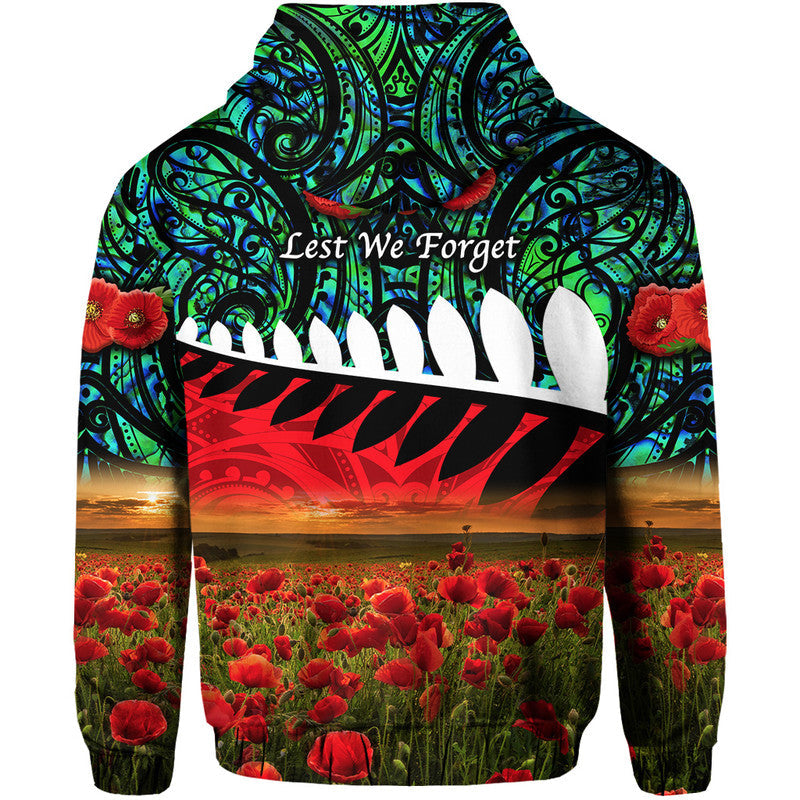 New Zealand Maori ANZAC Zip Up And Pullover Hoodie Poppy Vibes - Turquoise LT8