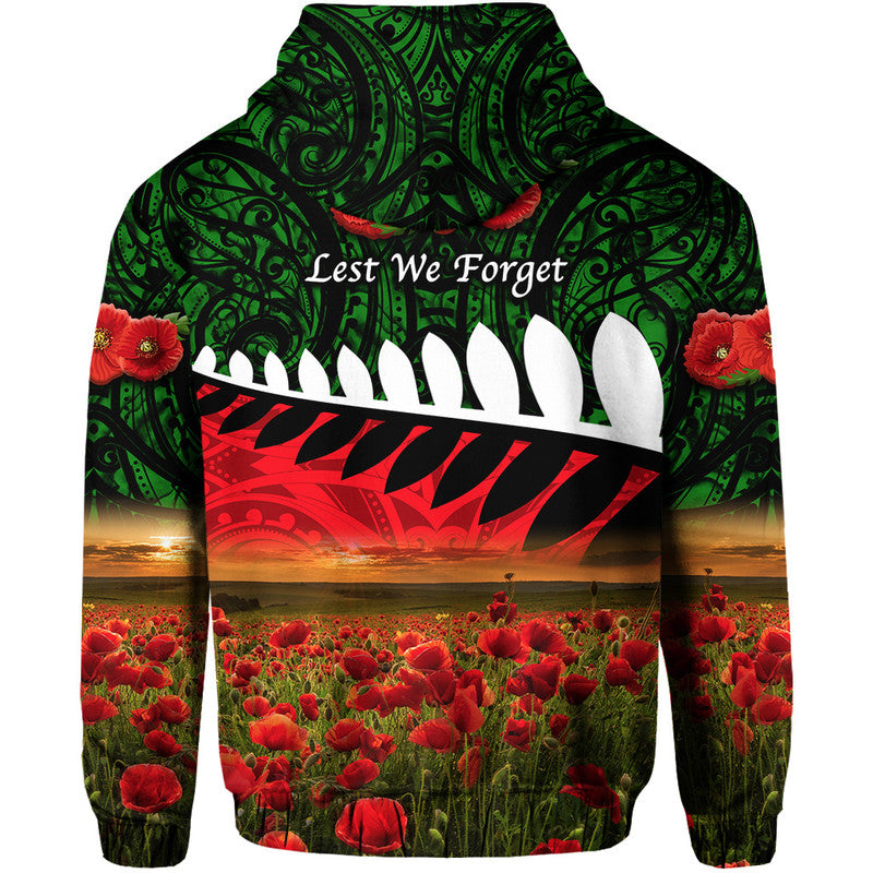 New Zealand Maori ANZAC Zip Up And Pullover Hoodie Poppy Vibes - Green LT8