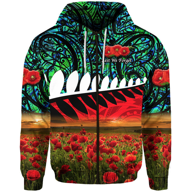 New Zealand Maori ANZAC Zip Up And Pullover Hoodie Poppy Vibes - Turquoise LT8