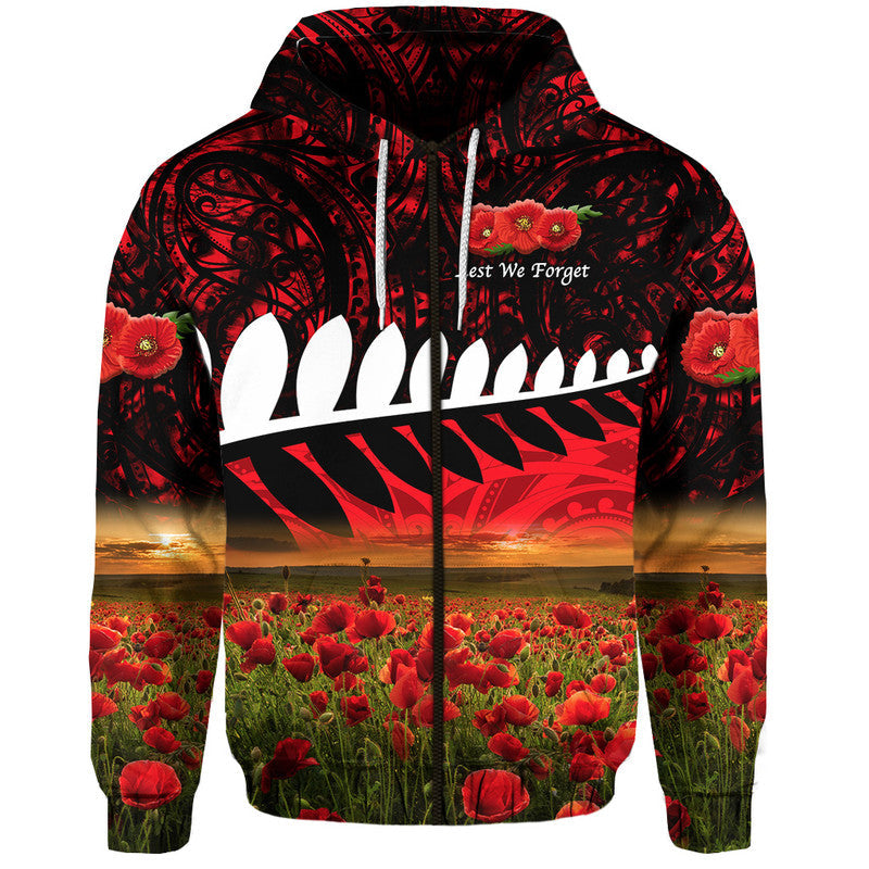 New Zealand Maori ANZAC Zip Up And Pullover Hoodie Poppy Vibes - Red LT8