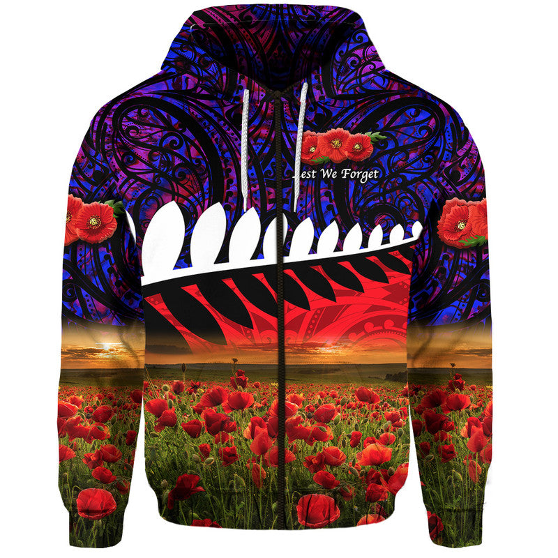 New Zealand Maori ANZAC Zip Up And Pullover Hoodie Poppy Vibes - Purple LT8