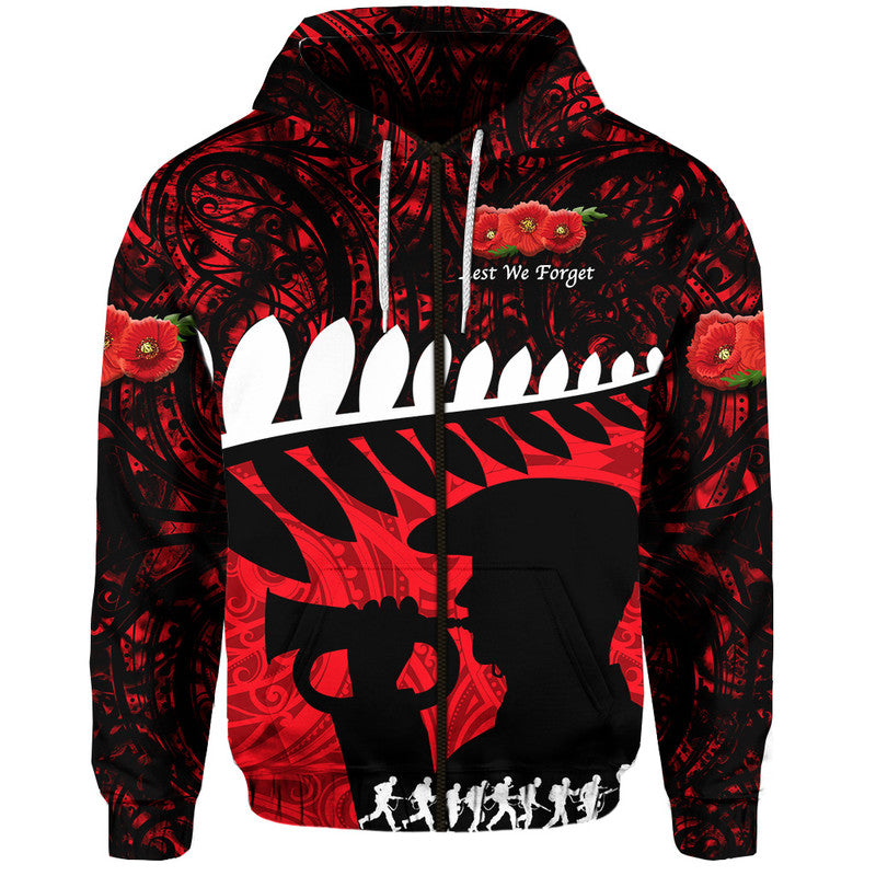 New Zealand Maori ANZAC Zip Up And Pullover Hoodie Remembrance Soldier - Red LT8