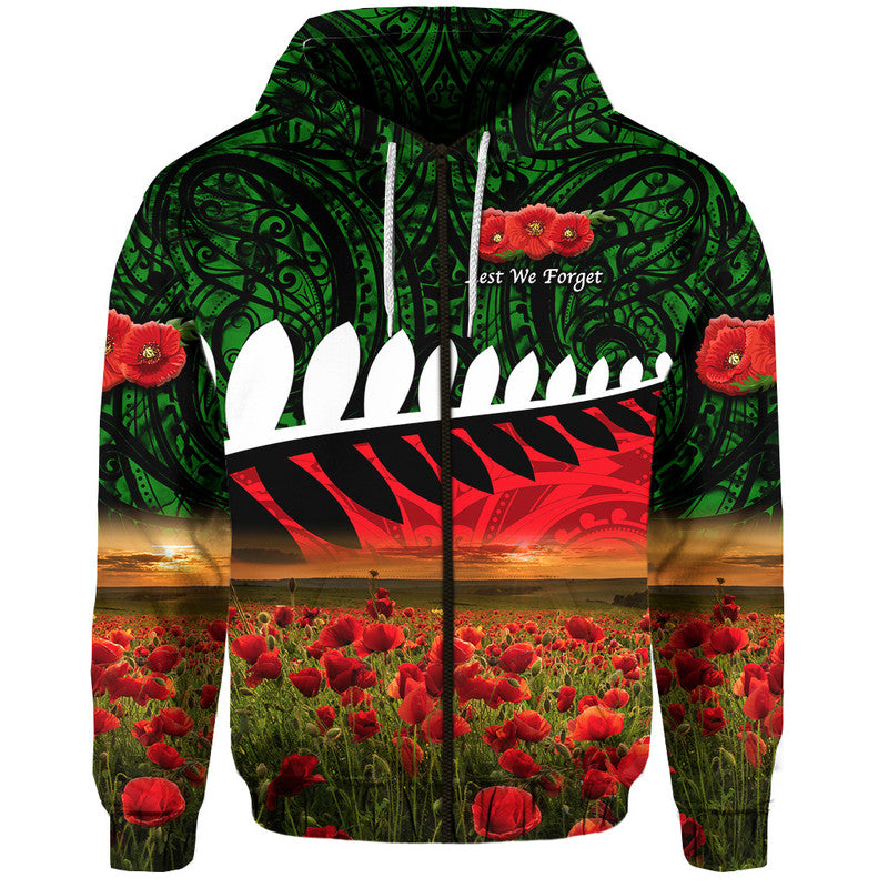 (Custom Personalised) New Zealand Maori ANZAC Zip Up And Pullover Hoodie Poppy Vibes - Green LT8