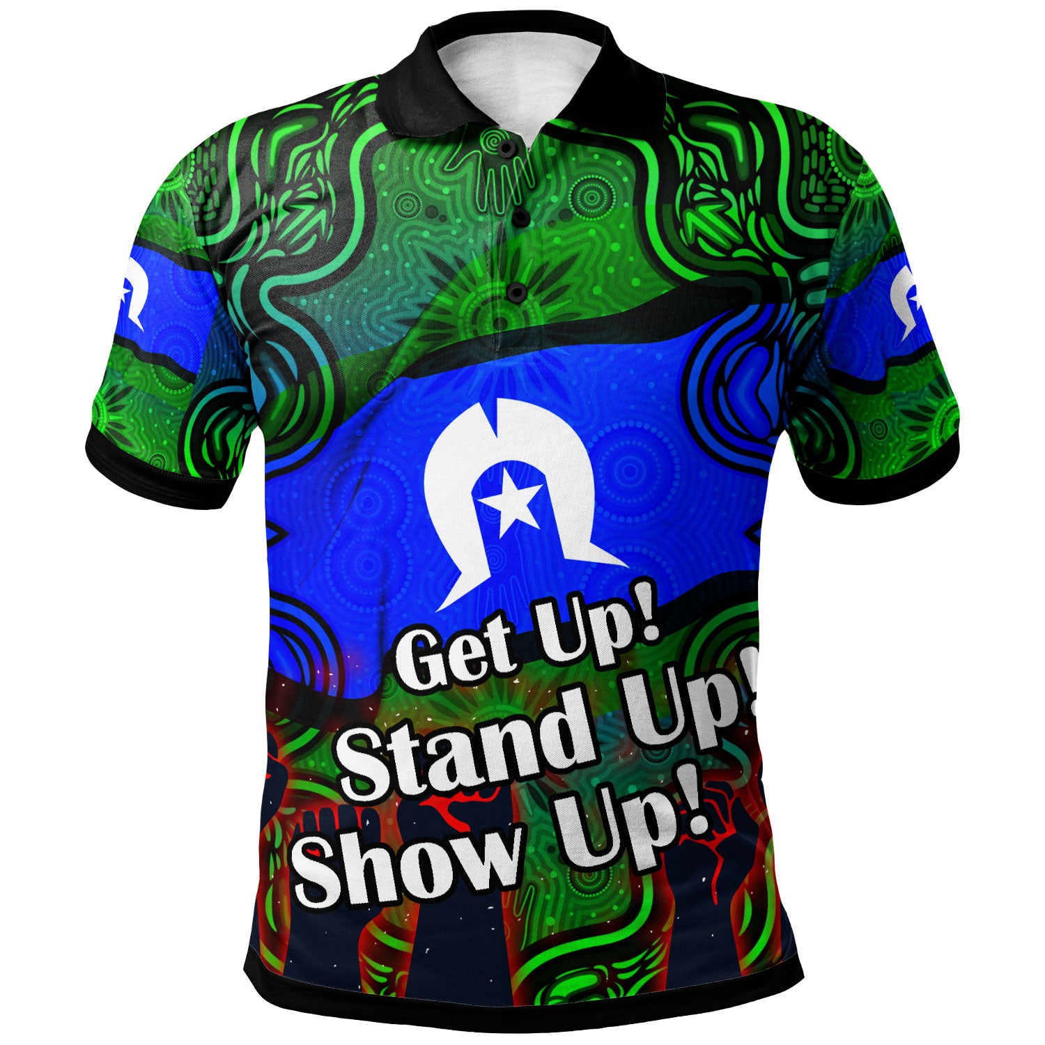 australia-naidoc-week-2023-polo-shirt-custom-black-raised-hands-with-aboriginal-inspired-patterns-polo-shirt