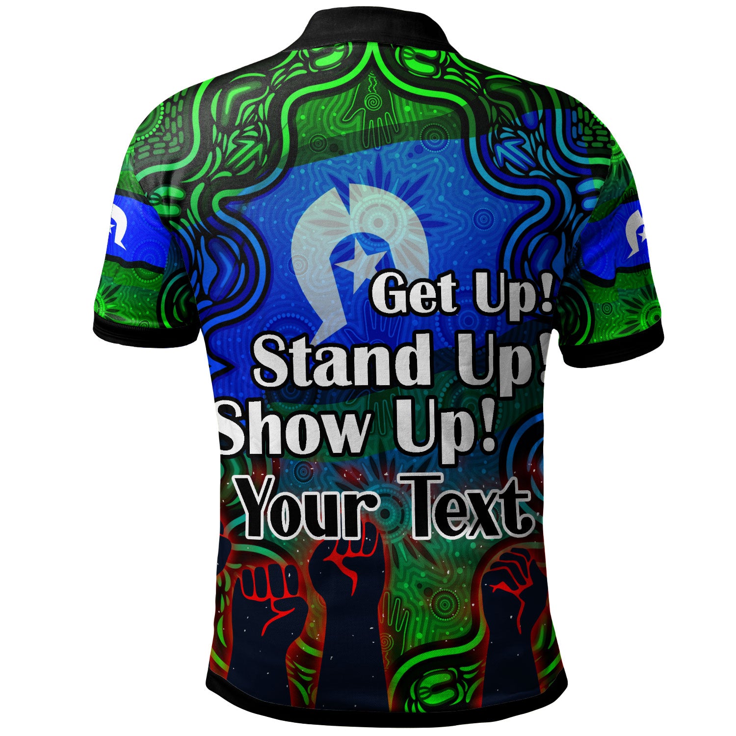 australia-naidoc-week-2023-polo-shirt-custom-black-raised-hands-with-aboriginal-inspired-patterns-polo-shirt