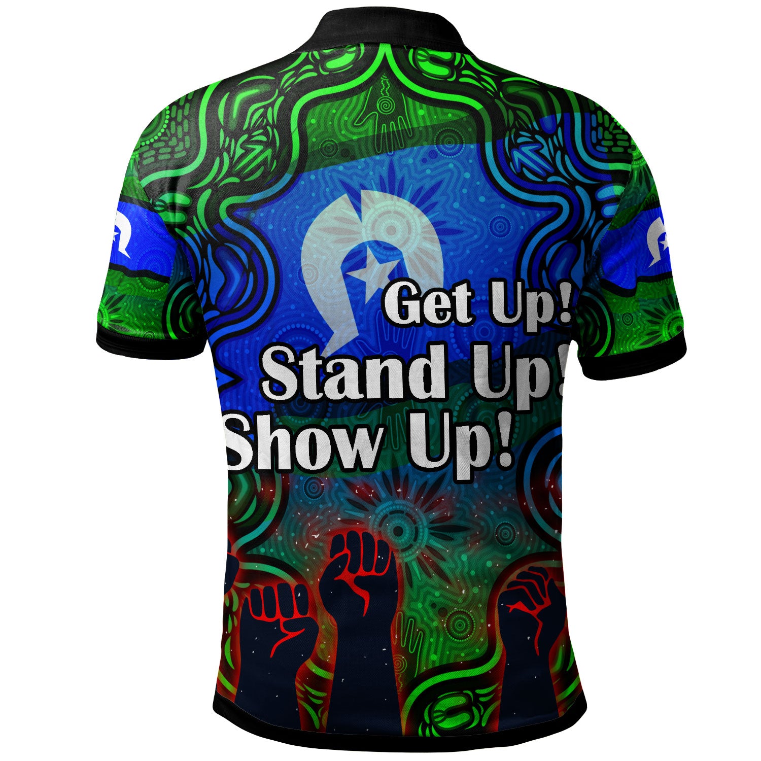 australia-naidoc-week-2023-polo-shirt-custom-black-raised-hands-with-aboriginal-inspired-patterns-polo-shirt