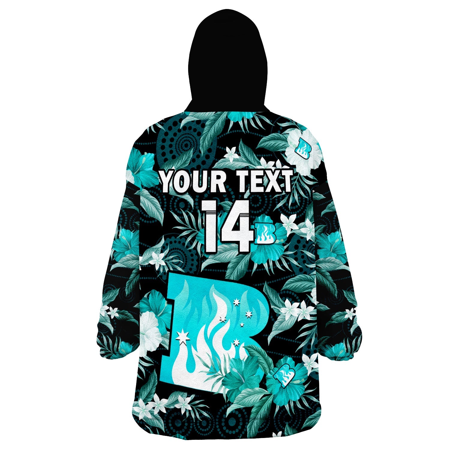 custom-text-and-number-brisbane-heat-cricket-wearable-blanket-hoodie-aboriginal-art-mix-tropical-flowers
