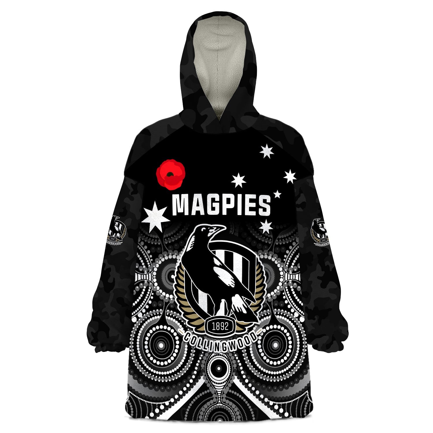 magpies-football-anzac-day-wearable-blanket-hoodie-aboriginal-poppy-flowers