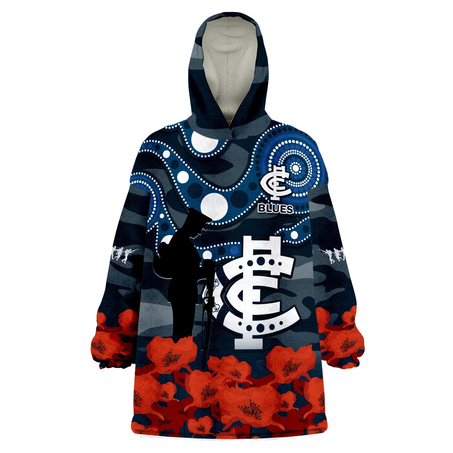 custom-text-and-number-carlton-football-anzac-2023-wearable-blanket-hoodie-blues-aboriginal-mix-poppy-camouflage