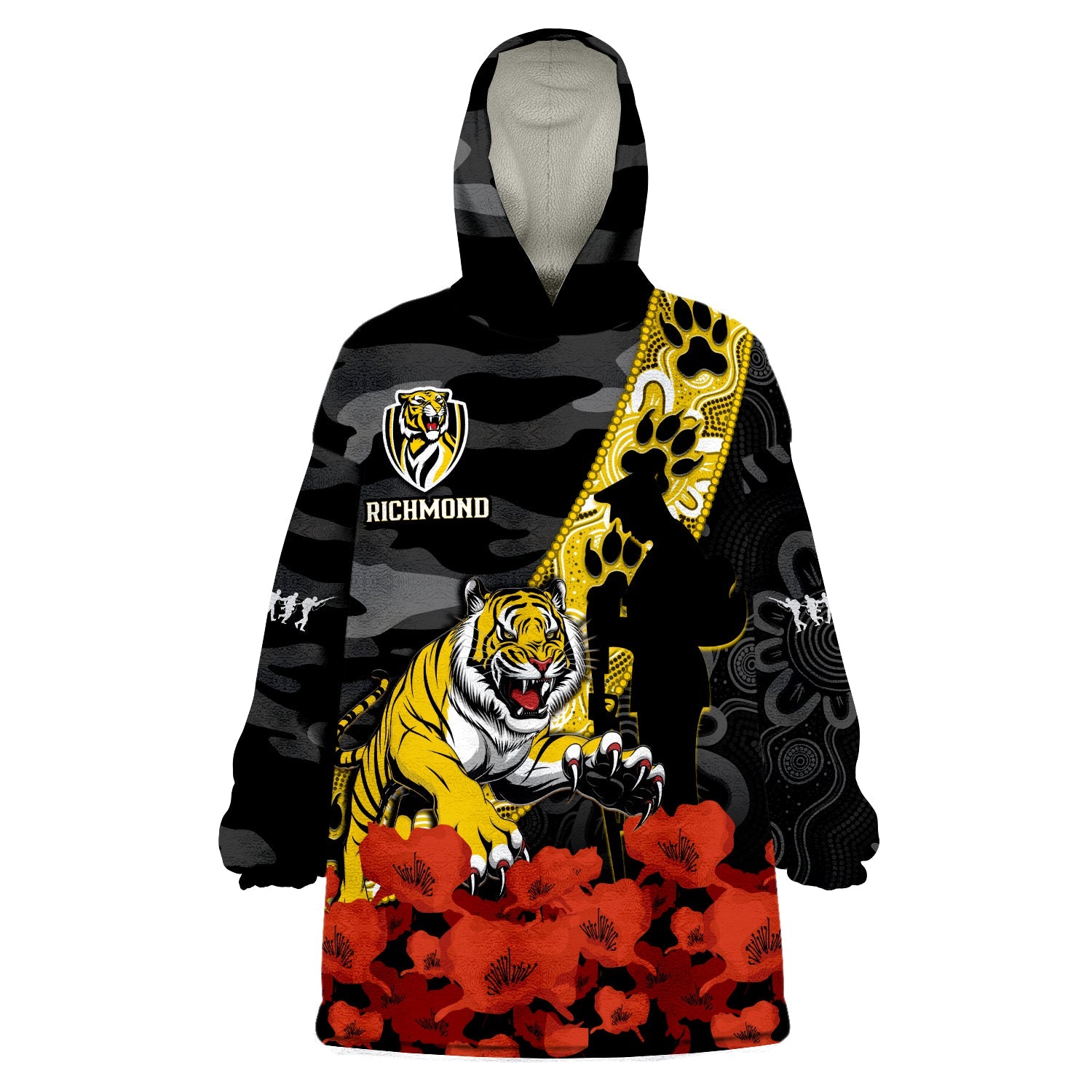 custom-text-and-number-richmond-football-anzac-2023-wearable-blanket-hoodie-tigers-aboriginal-mix-poppy-camouflage