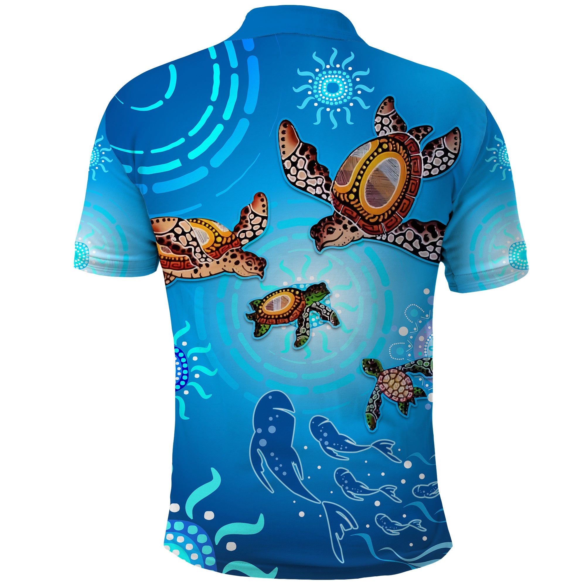 australian-aboriginal-polo-shirt-happy-turtle-family-version-blue