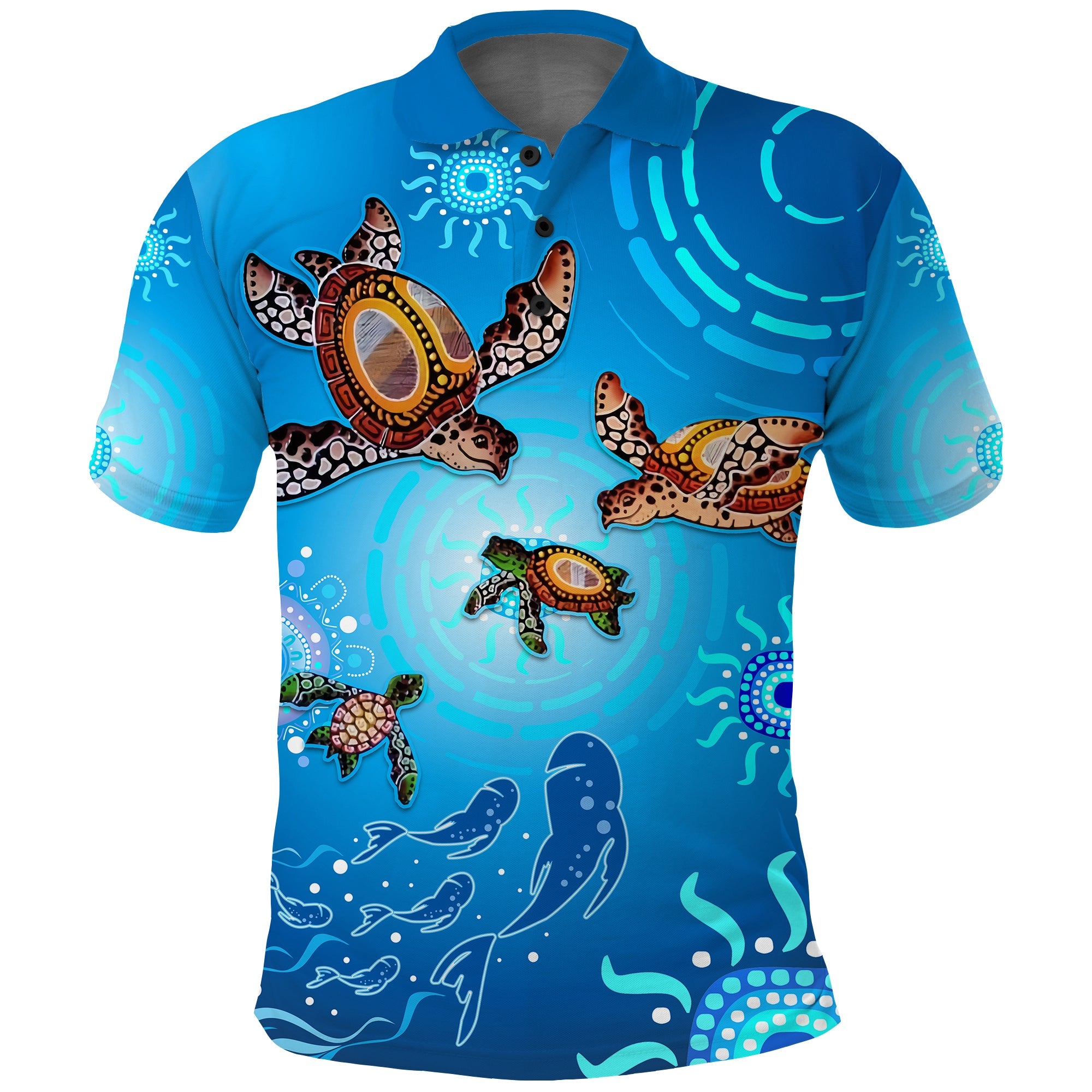 australian-aboriginal-polo-shirt-happy-turtle-family-version-blue