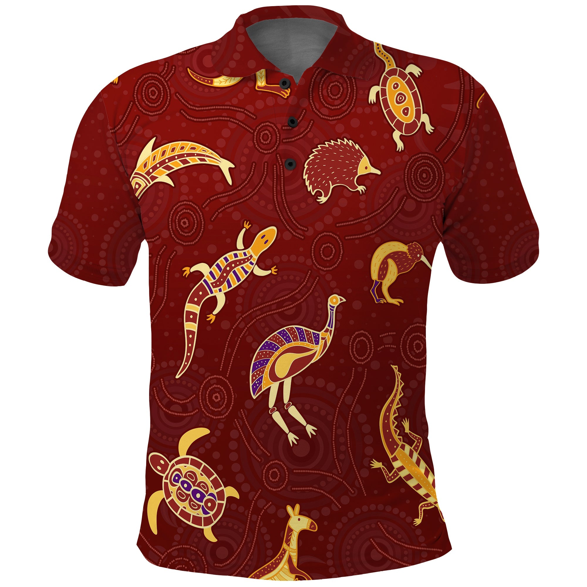 aboriginal-art-polo-shirt-animals-australia-version-maroon