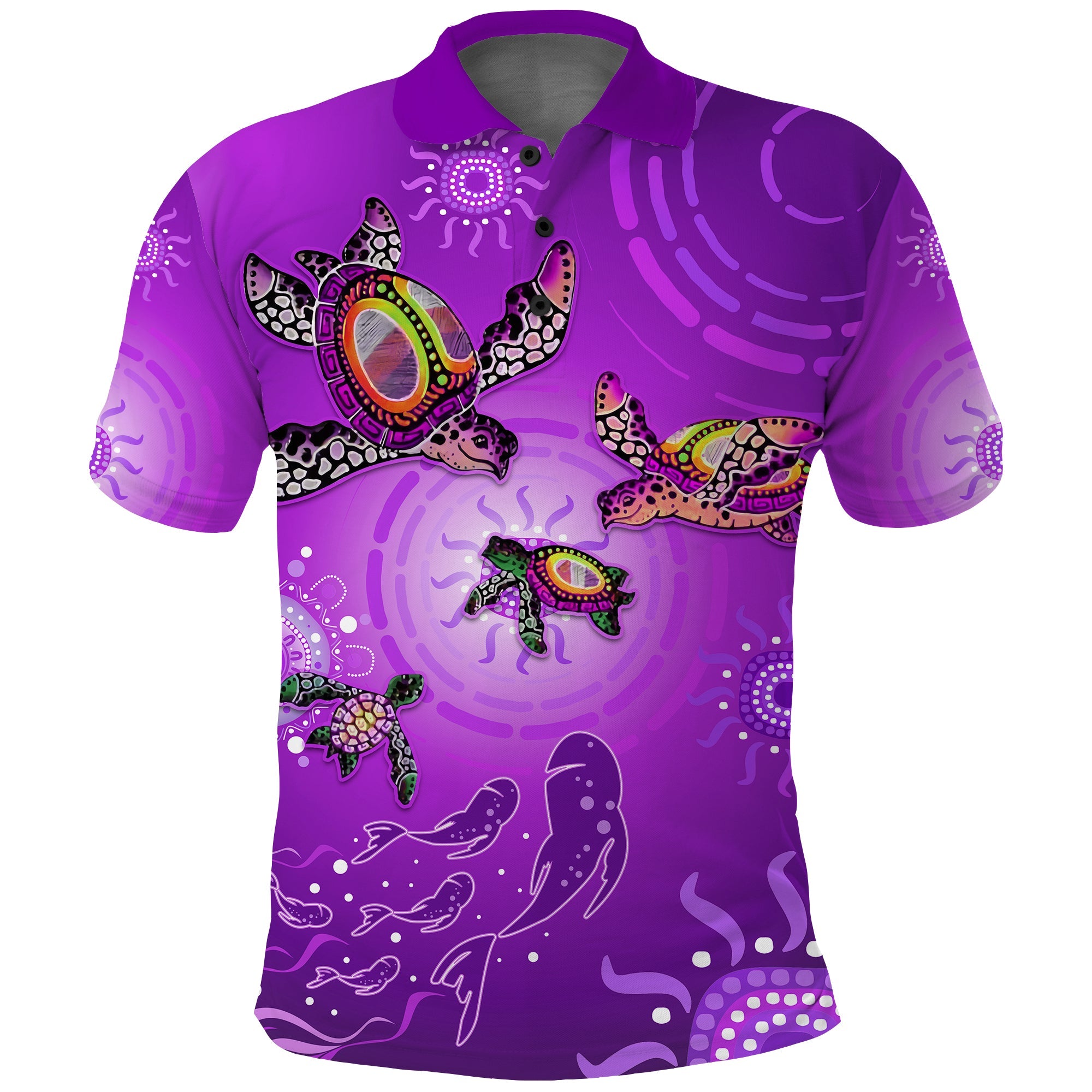 custom-personalised-australian-aboriginal-polo-shirt-happy-turtle-family-version-purple