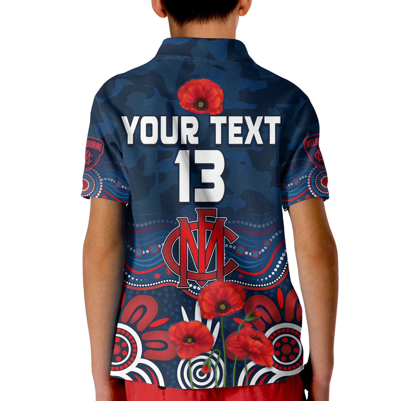 custom-text-and-number-demons-anzac-2022-polo-shirt-kid-melbourne-football-aboriginal-poppy