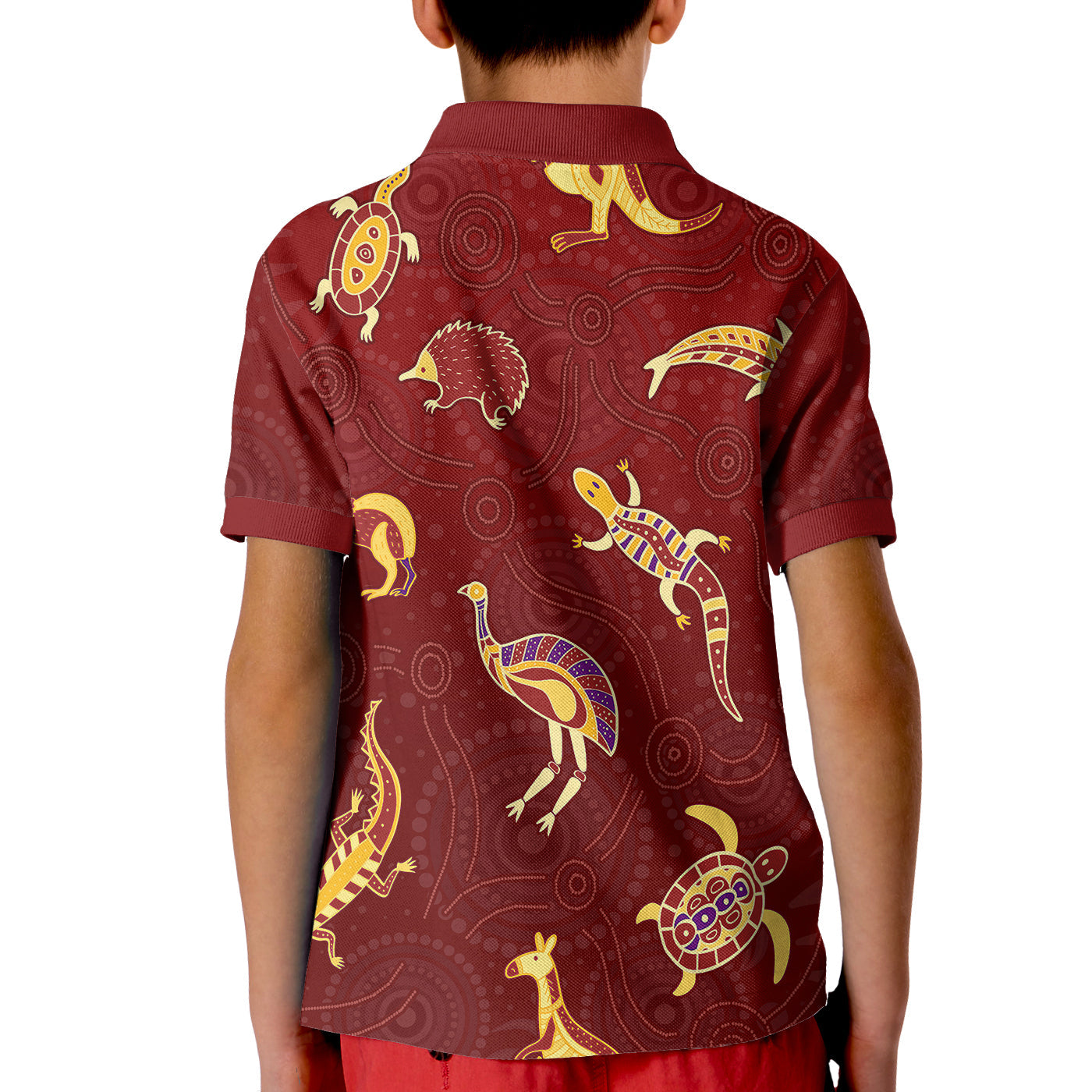 aboriginal-art-polo-shirt-kid-animals-australia-version-maroon