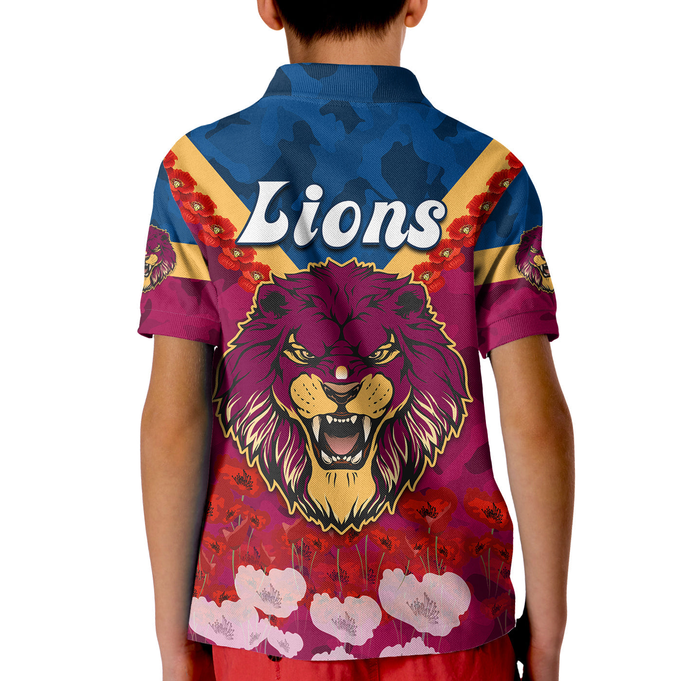 custom-personalised-lions-anzac-2022-polo-shirt-kid-brisbane-brissie-poppy-flowers